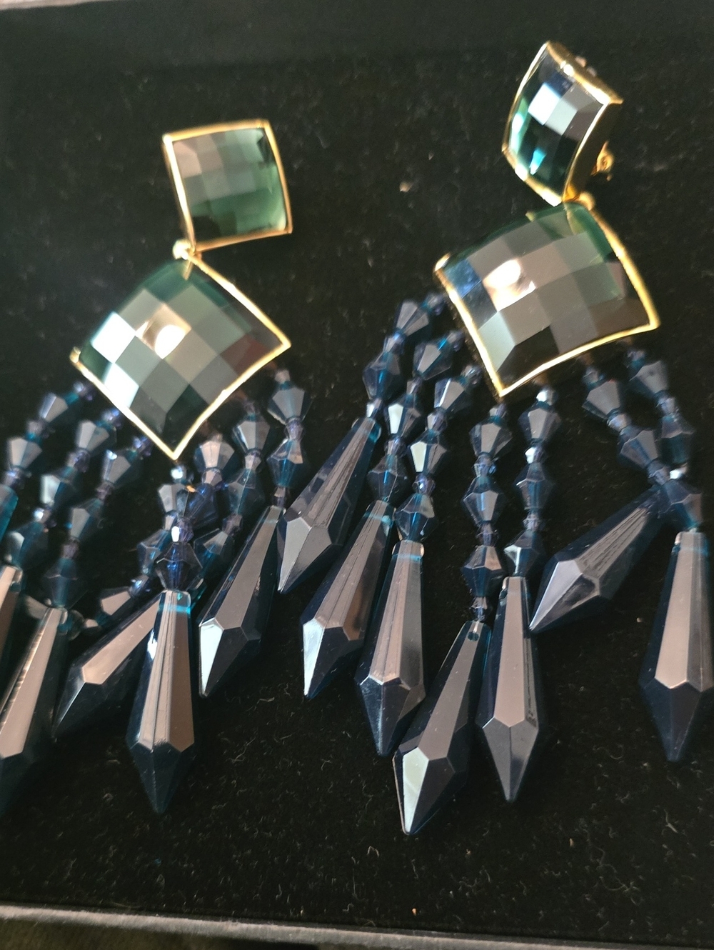 Balmain Gold-Trim Deep Blue Faceted Fringe ClipEarrings